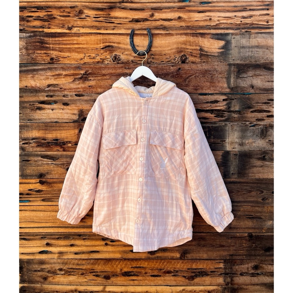 PACSUN | Playboy Y2K Pink Plaid Big Puffy Flannel Jacket W/Hood Oversized M/L